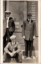 Three Handsome Dudes Posing on Steps Dad and Sons with Newsboy Caps Postcard B21 - £11.91 GBP