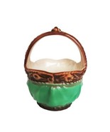 Beautiful vintage Czechoslovakia art pottery green &amp; gold small basket - $41.01 CAD