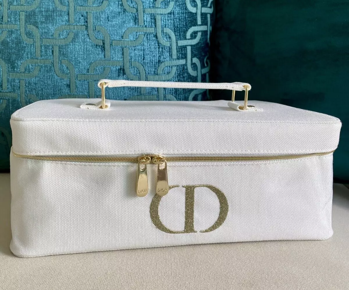 NEW Dior Beauty Large White Canvas Makeup Case Cosmetic Bag with Mirror ... - $50.00