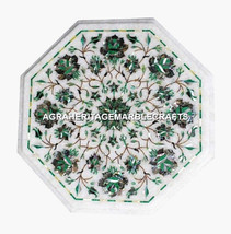 12&quot; White Marble Top Table Malachite Gems Inlaid Marquetry Art Decorative H3032 - £290.82 GBP
