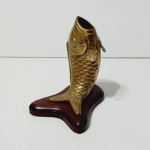 Vintage Brass KOI Fish Statue Wood Base 5.5&quot; Tall Hollow - £15.69 GBP
