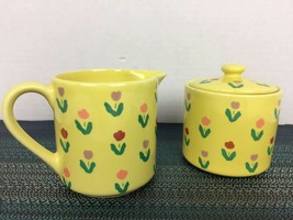 Vintage Enesco 1985 Creamer &amp; Sugar Yellow Tulips Spring Korea - £10.23 GBP