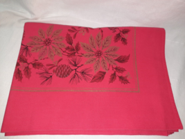 MCM Festive Christmas Tablecloth Red w/ Black Pine Boughs Gold Poinsettia 50&quot;x62 - £19.91 GBP