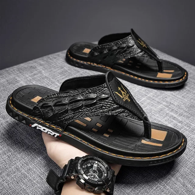 Handmade Flip Flops Crocodile Grain Slippers Summer Men Casual Shoes Non-slip Ou - £43.42 GBP