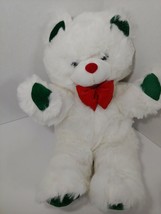 Kids of America white teddy bear green paws ears red nose bow plush Christmas - $14.84