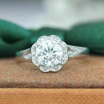 New 1.55 Ct Round Cut Diamond Floral Halo Engagement Ring 14K White Gold Finish - £78.33 GBP
