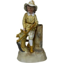 Antique German Porcelain Bisque Man Boy On Fence Stump Scythe 9-12&quot; Unmarked U30 - $46.75
