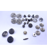 Vintage Buttons Lot 25+ Silver Metal Insignia Military ? Shield Flower H... - $22.26