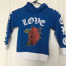 On Fire Girls Love &amp; Rose Print Hoodie Sweatshirt Blue Red White Size Small - £24.83 GBP
