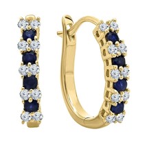 Blue Sapphire &amp; White Diamond Hoop Earrings 14K Yellow Gold Plated - £48.51 GBP