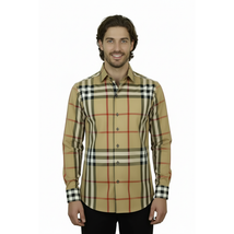 Men's AXXESS Turkey English Plaid Shirt 100% Soft Cotton High Collar 120-09 Tan image 4