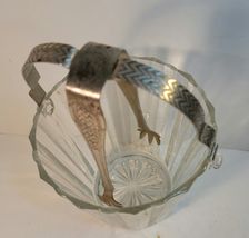 Glass Ice Bucket Frosted & Paneled with Handle & Matching Ice Tongs image 2