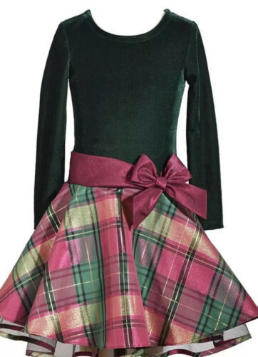Bonnie Jean Green Velvet Long Sleeve Christmas Dress Magenta Plaid Size 10 Nwt - $23.75