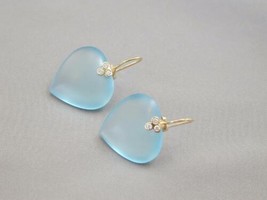 STUNNING Custom Made Earrings Blue Frosted Glass Heart 14k YG Diamonds - $275.00