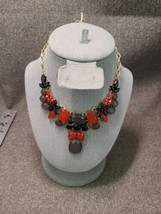 Faceted Red, Black &amp; Gray Faux Crystal Bib Necklace 18&quot; Goldtone 3&quot; Extender - £7.96 GBP