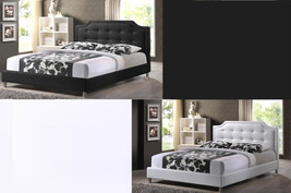 Queen Platform Bed Black Or White Faux Leather Scalloped Crystal Tufted New - £439.51 GBP+