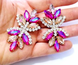 Rhinestone Drop Earrings, Pink Chandelier Earrings, Dangle Austrian Crystal Jewe - £28.93 GBP