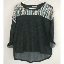Olivia Moon Charcoal Gray 3/4 Sleeve Textured Hi Low Shirt W/ Aztec Design Small - £9.95 GBP