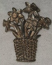 VTG H&amp;H Sterling Silver Brooch Basket of Flowers Lapel Pin Daffodils - £37.38 GBP