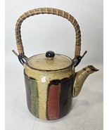 Vintage Otagiri Stoneware Teapot Vertical Striped Colors Rattan Handle K... - €18,76 EUR