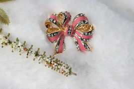 Vintage Holiday Pink Christmas Bow Brooch Pin Pink Enamel Bow Ties Brooch Pin - £14.14 GBP