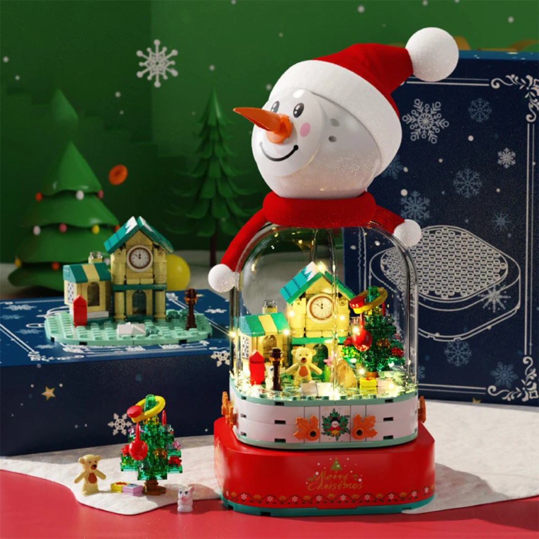 Christmas Tree Micro Building Blocks Santa Santa Claus Snowman Model Music Box - £41.38 GBP