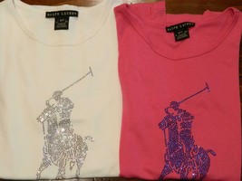 2 Ralph Lauren Black Label Tops Oversized Crystal Pony White Pink M - $54.76 CAD