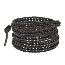 Mystique Jet Black Onyx 5-Wrap Brown Leather Bracelet - £22.33 GBP