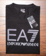 Emporio Armani EA7 Men&#39;s Signature V Neck Black Stretch Cotton Tee T-Shi... - £43.46 GBP