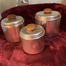 Set Of 3 Vintage Mirro Canisters Aluminum Rose Gold Copper USA Wood Handles - £16.07 GBP