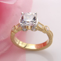 Solitaire Art Deco Engagement Ring 5.45 CT Cushion Cut Cz 14K Yellow Gold Plated - £99.47 GBP