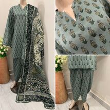 Pakistani Sage Green Printed Straight Shirt 3-PCS Lawn Suit  ,L - $54.45