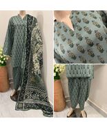 Pakistani Sage Green Printed Straight Shirt 3-PCS Lawn Suit  ,L - $54.45