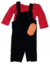 0-3 Month Infant Toddler Girl Outfit Red Top Black Velvetty Overall Pants - £10.94 GBP