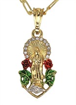 Guadalupe Rose Flower CZ Pendant 20&quot; Figaro Necklace 14k Gold Plated Jewelry - £7.88 GBP