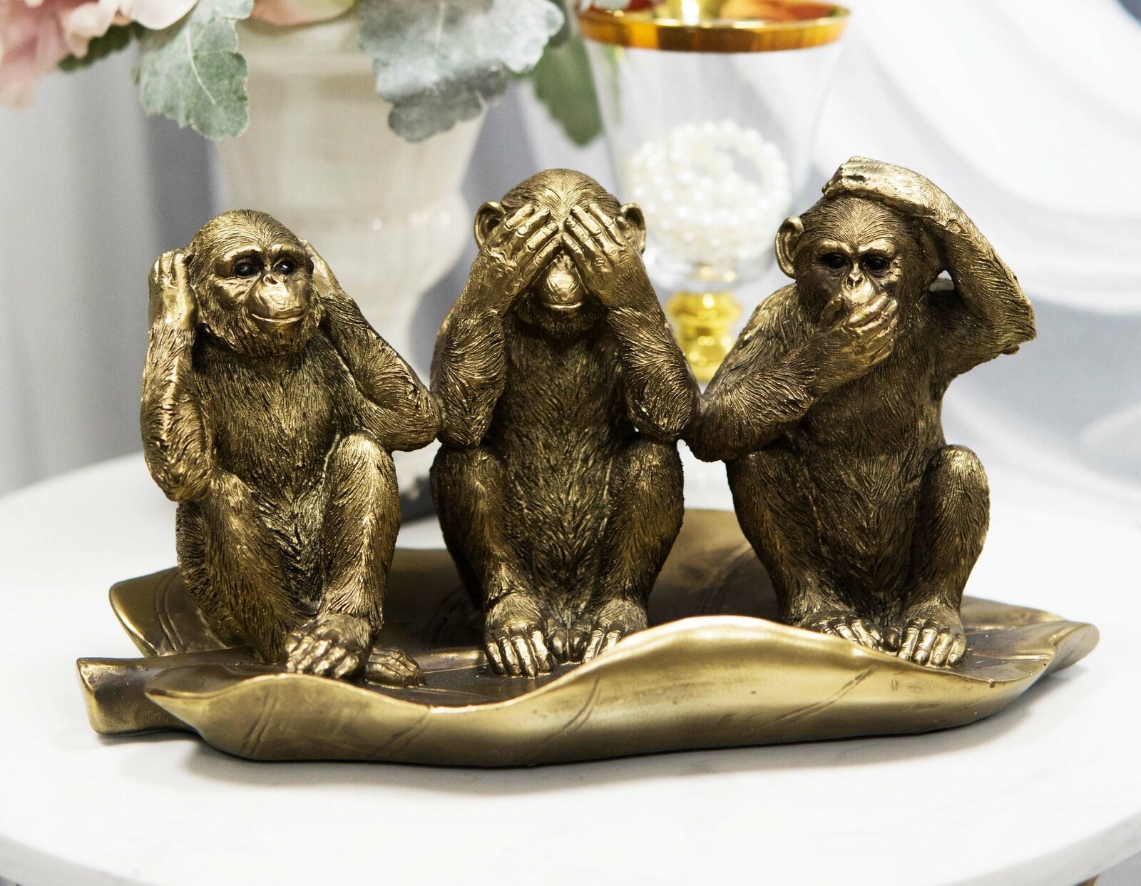 Primary image for Whimsical See Hear Speak No Evil Rainforest Ape Monkeys On Banana Leaf Statue