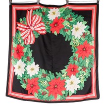 Avon Christmas Wreath Scarf 34&quot; Square Poinsettia Bow Red Black Green Flower - £8.43 GBP