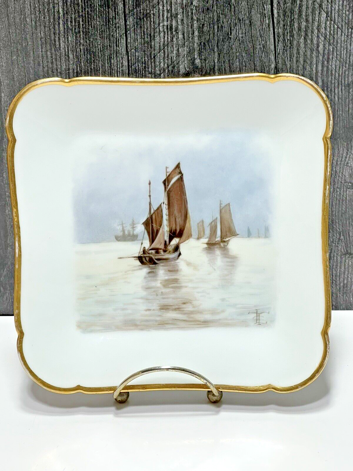 Primary image for RARE CFH GDM Limoges France Square Signed Hand Painted Plate Sailboats