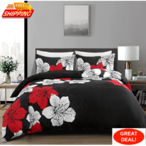 Black Comforter Set Queen - Red And White Floral Comforter With 2 Pillowcases - £38.17 GBP