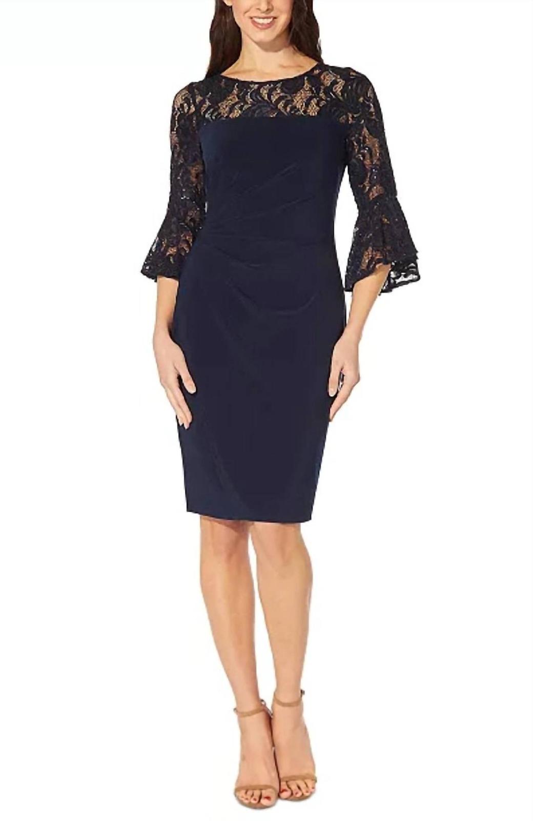 Adrianna Papell lace-trim bell-sleeve jersey dress Midnight - $69.00