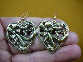 (EE-770-10) large heart with tied bows ribbon flower EARRINGS gold dangle brass - £9.64 GBP