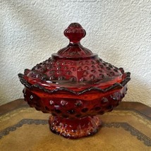 Vintage Fenton Hobnail Ruby Red Glass Covered Candy Dish Trinket Bowl Saw Tooth - £62.29 GBP