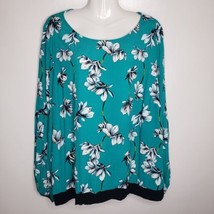 Kaari Blue Women&#39;s Shirt 3X Curvy Blue Flowers Long Sleeve Black White - £8.91 GBP