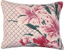 Throw Pillow Needlepoint Flowers Floral 16x20 20x16 Beige Hot Pink Cotton - £227.28 GBP