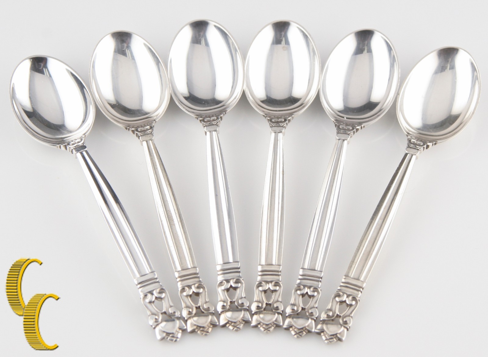 Georg Jensen Six Sterling Silver Acorn Mocha Spoons W/ Original Box 70.9 Gram... Item image 2