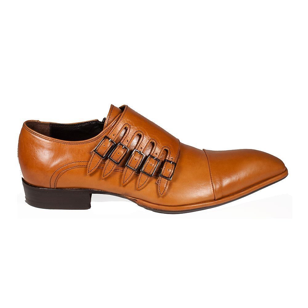 Camel Color Elegant Leather Rounded Toe 5-Buckle Strap Handmade Shoes for Men 20