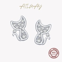 Ailmay Sweet Cute Cat Silver Stud Earrings 100% 925 Silver Sparkling CZ For Wome - £10.50 GBP