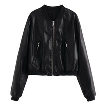 Vintage PU Leather Cropped Jacket For Woman Fashion Solid Zipper Long Sleeve  Fa - £58.18 GBP