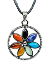 7 Seven Chakra Necklace Flower Pendant Gemstones Crystal Reiki Charged Corded - £10.09 GBP