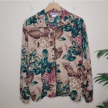 Vintage Teddi | Tan Green Mauve Floral Print Zipper Front Jacket Medium - £19.03 GBP